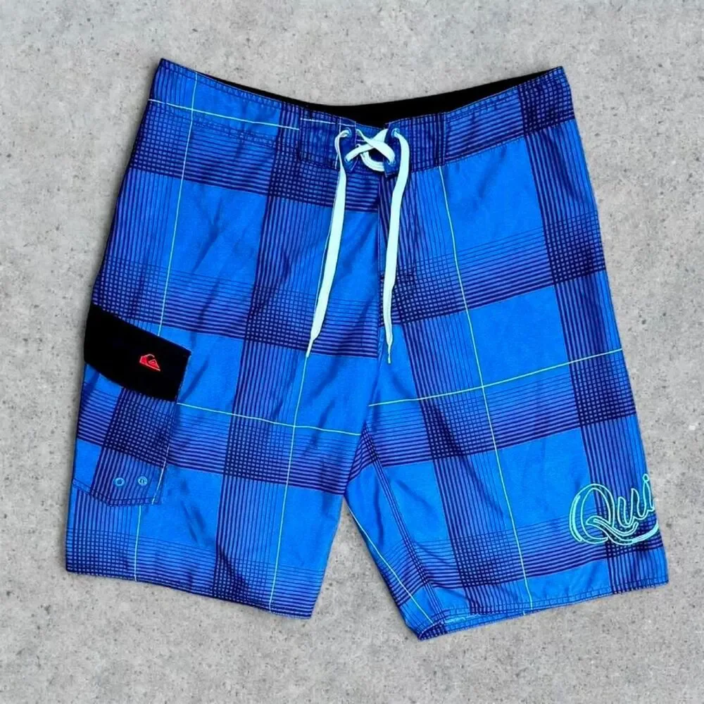 Vintage Quiksilver Plaid Spell Out Board Shorts Swim Trunks